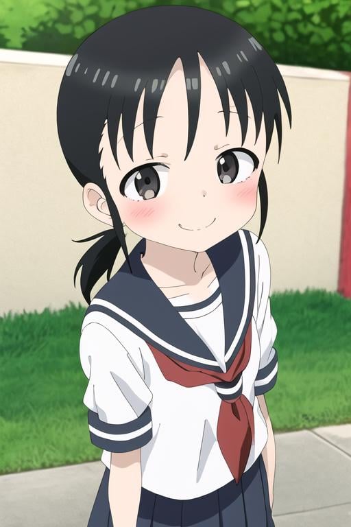 masterpiece, best quality, <lora:mano-chan:0.7> mano-chan, 1girl, solo, black eyes, black hair, twintails, short hair, blush, serafuku, school uniform,  colorful, anime coloring, smile, outdoors, school bag, 