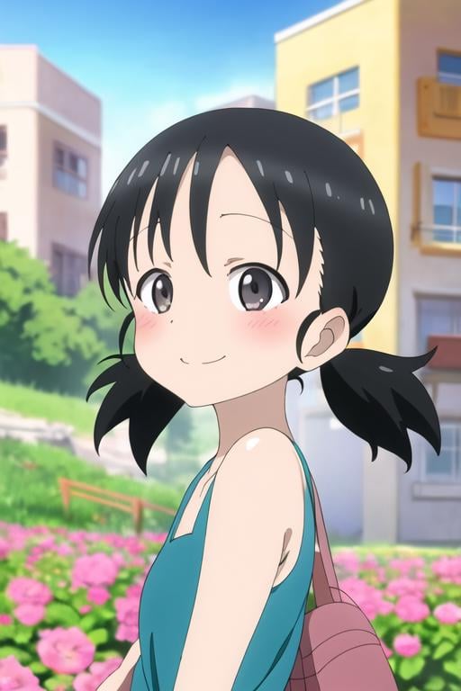 masterpiece, best quality, <lora:mano-chan:0.7> mano-chan, 1girl, solo, black eyes, black hair, twintails, low twintails, short hair, blush, yellow dress, sleeveless,  colorful, anime coloring, smile, outdoors, wind, flowers