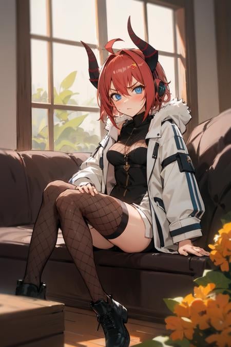 red hair, hair between eyes, ahoge, short hair, blue eyes, medium breasts, looking at viewerpapetaspe, 1girl, solo, blush, cute angry, (hair ornament), scenery,  indoors,pointy ears,horns, sittinglong sleeves, jacket, fur trim, hair intakes, white jacket, single thighhigh, fishnets, asymmetrical legwear,fishnet thighhighs, shoes,black footwear,headphones,headphones around neck <lora:papetas:0.6>