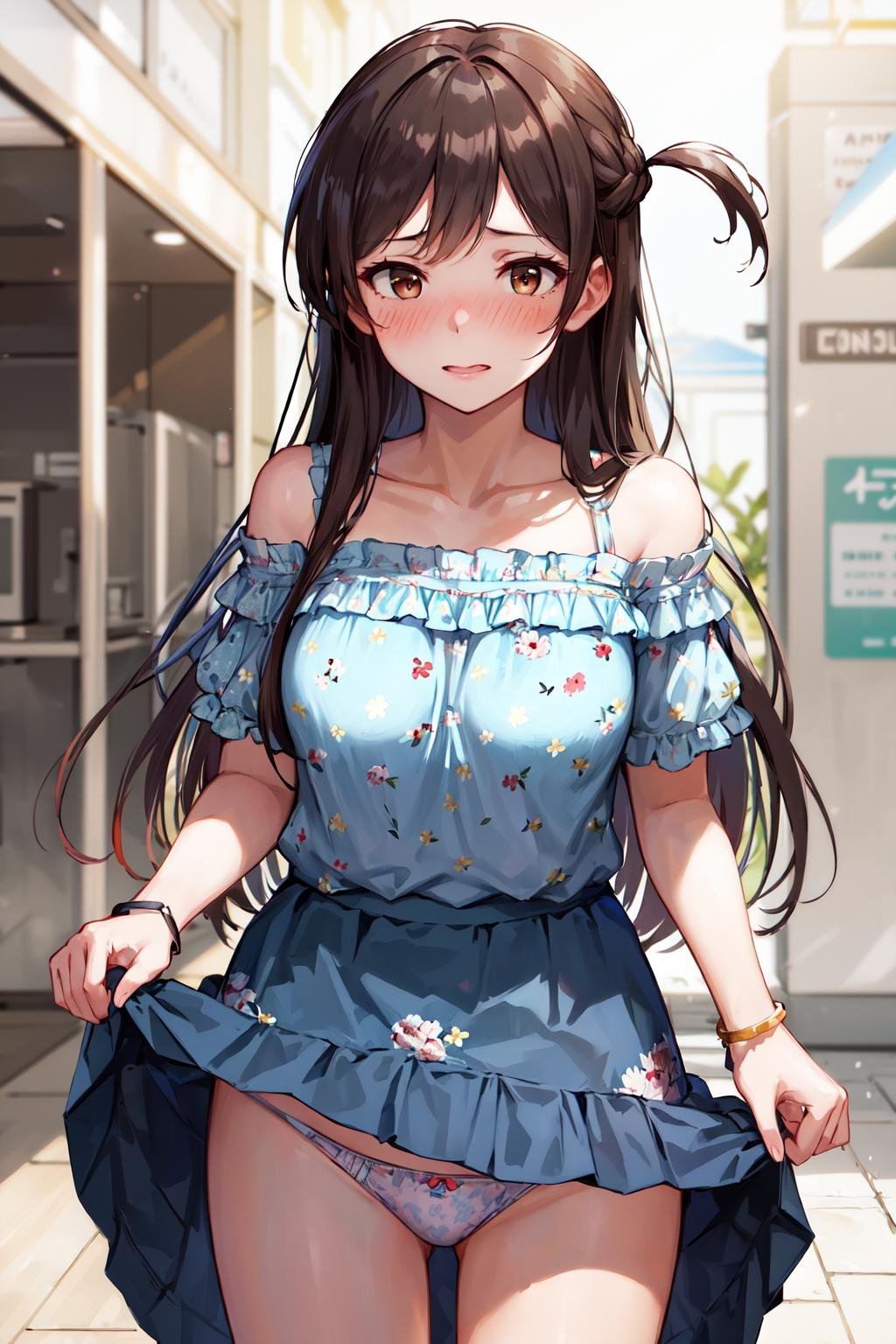 masterpiece, best quality, highres, chi1, 1girl, long hair, one side up, solo, bracelet, bangs, bare shoulders, blue shirt, floral print, short sleeves, off-shoulder shirt, frills, blue skirt, <lora:mizuhara_chizuru_v2:0.6>, embarrassed, blush, (skirt lift:1.3), panties, 