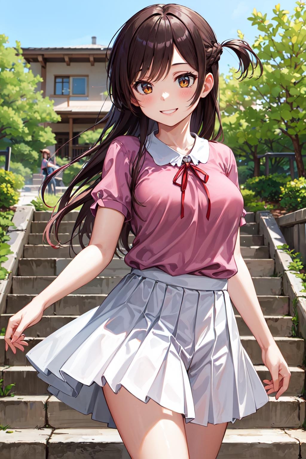 masterpiece, best quality, highres, chi1, 1girl, long hair, braid, one side up, solo, white skirt, red ribbon, pink shirt, pleated skirt, bangs, neck ribbon, puffy short sleeves,  <lora:mizuhara_chizuru_v4:0.6>, cowboy shot, outdoors, smile, stair, tree, building, 