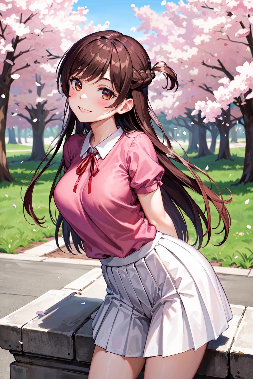 masterpiece, best quality, highres, chi1, 1girl, long hair, braid, one side up, solo, white skirt, red ribbon, pink shirt, pleated skirt, bangs, neck ribbon, puffy short sleeves, <lora:mizuhara_chizuru_v4:0.6>, arms behind back, leaning forward, smile, cherry blossoms, outdoors,