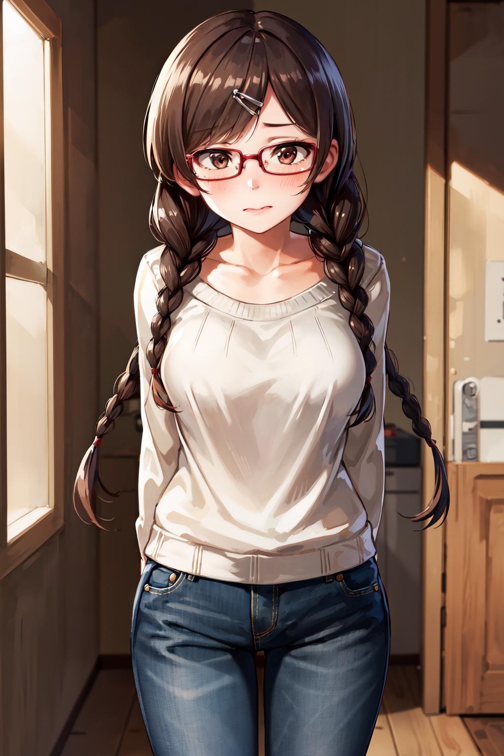 masterpiece, best quality, highres, chi1, 1girl, twin braids, twintails, solo, hair ornament, hairclip, glasses, twin braids, pants, jeans, sweater, collarbone, long sleeves, swept bangs, <lora:mizuhara_chizuru_v2:0.6>, arms behind back, embarrassed, 