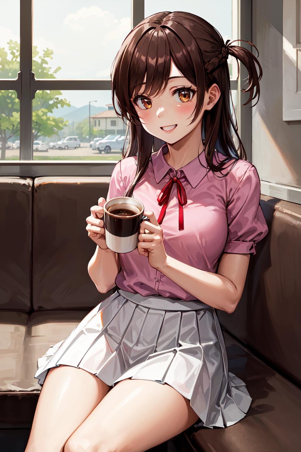 masterpiece, best quality, highres, chi1, 1girl, long hair, braid, one side up, solo, white skirt, red ribbon, pink shirt, pleated skirt, bangs, neck ribbon, puffy short sleeves,  <lora:mizuhara_chizuru_v4:0.6>, cowboy shot, cafe, indoors, window, coffee, smile, sitting, upper teeth, holding cup,