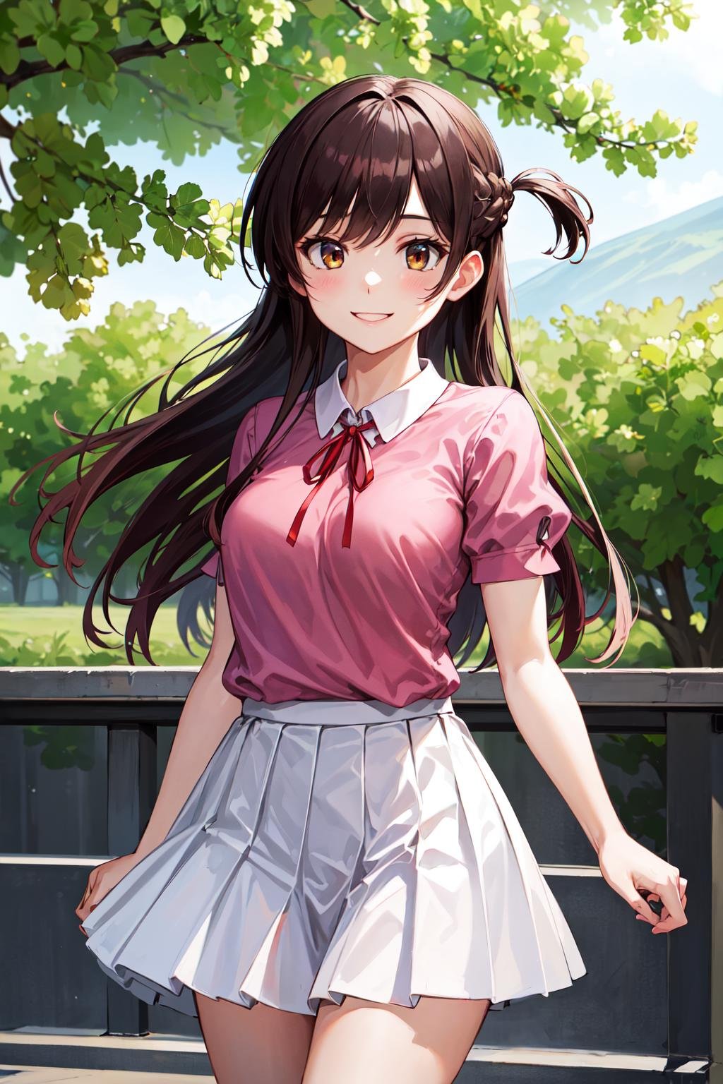 masterpiece, best quality, highres, chi1, 1girl, long hair, braid, one side up, solo, white skirt, red ribbon, pink shirt, pleated skirt, bangs, neck ribbon, puffy short sleeves,  <lora:mizuhara_chizuru_v4:0.6>, cowboy shot, outdoors, smile,