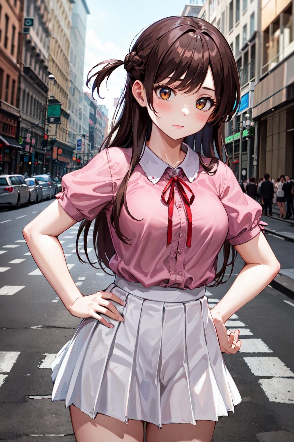 masterpiece, best quality, highres, chi1, 1girl, long hair, braid, one side up, solo, white skirt, red ribbon, pink shirt, pleated skirt, bangs, neck ribbon, puffy short sleeves,  <lora:mizuhara_chizuru_v4:0.6>, cowboy shot, street, hand on hip, 