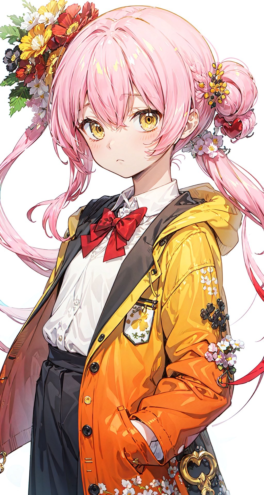 (best quality), ((masterpiece)), (highres),standing,original, extremely detailed wallpaper, (an extremely delicate and beautiful),(loli),(petite),Pink hair,Yellow eyes, (red Jacket),high ponytail,white collared shirt,hair flower,fipped hair,floating hair,Frown,hands in pockets,black dress,red bowtie,(solo),cozy anime,houtufeng