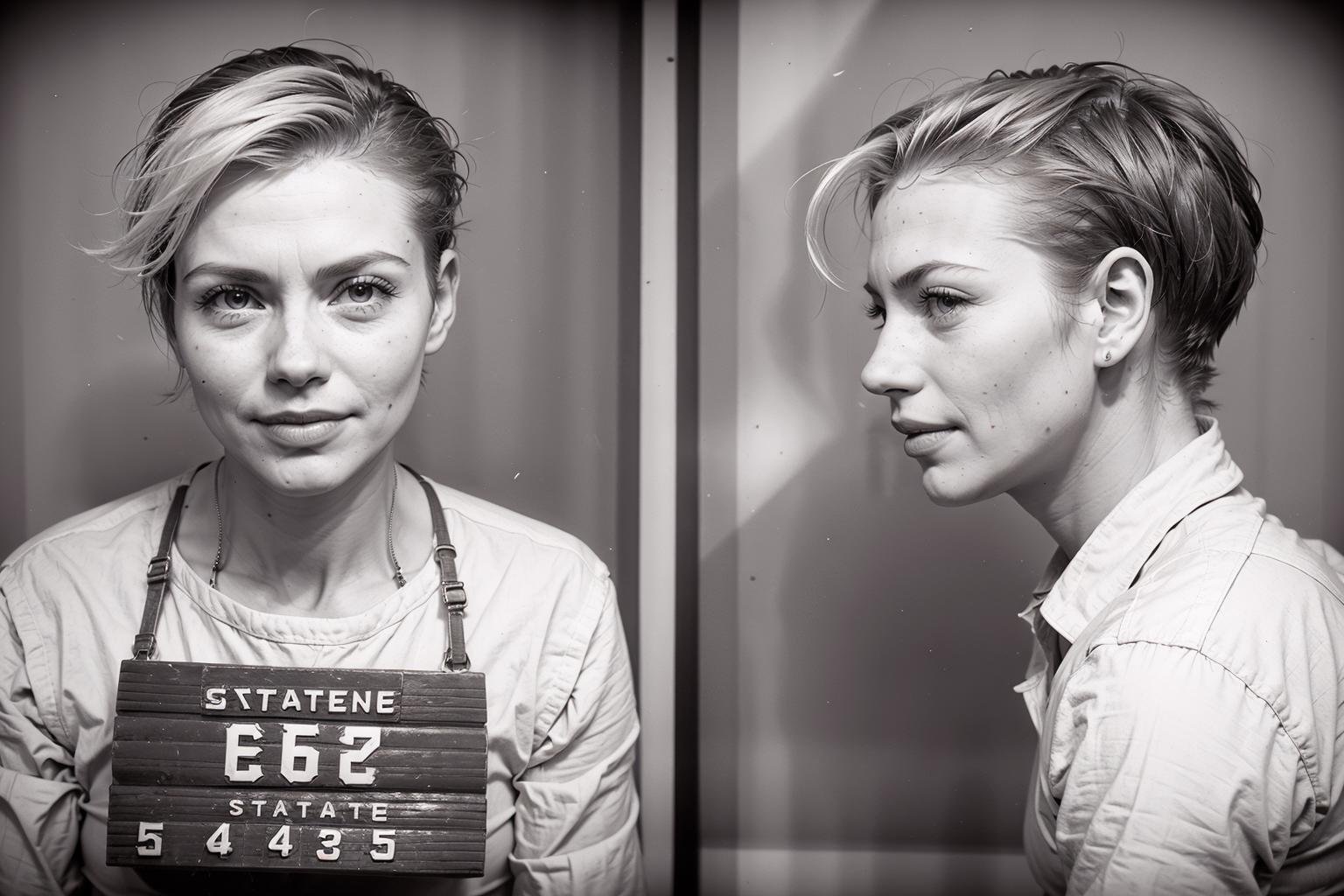 VintageMugshot, front and side view of sexy charming petite blonde girl, short hair, smile, flirting with camera<lora:Mugshot:1>