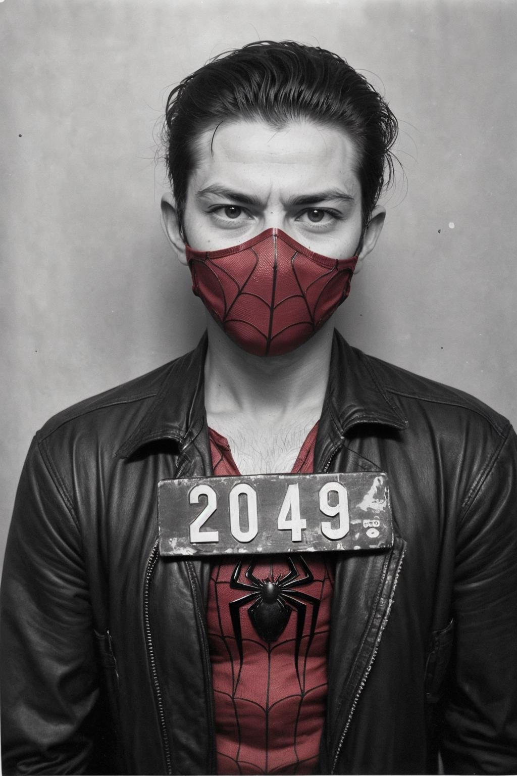 VintageMugshot, mugshot photo of a spiderman<lora:Mugshot:0.55>, with mask