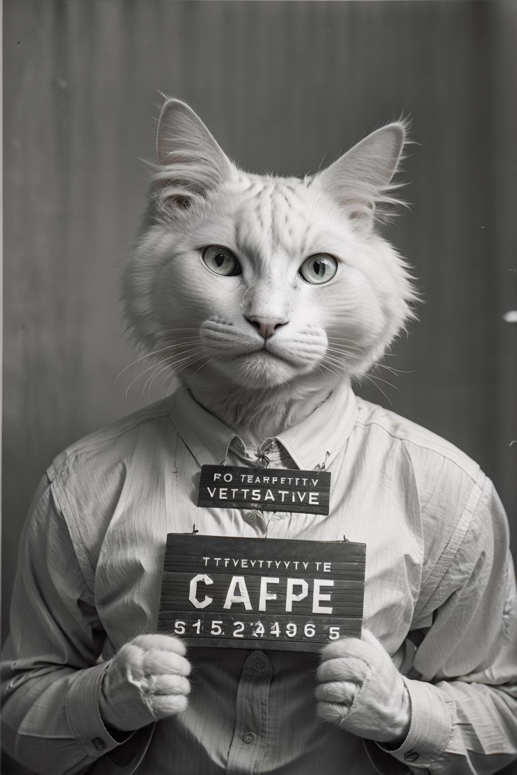 VintageMugshot, front mugshot view of a cat<lora:Mugshot:1><lora:Mr MC D X V_20230621031302:0.75>, holding banner offender