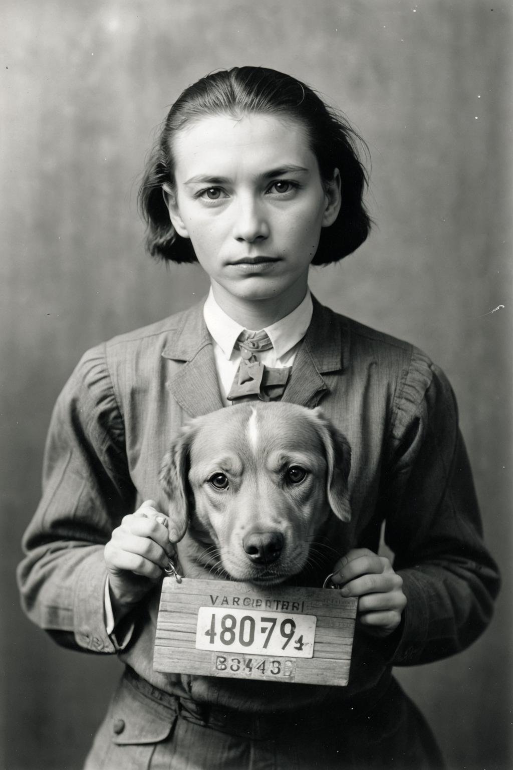 VintageMugshot, mugshot photo of a anthropoid dog, <lora:Mugshot:0.55>