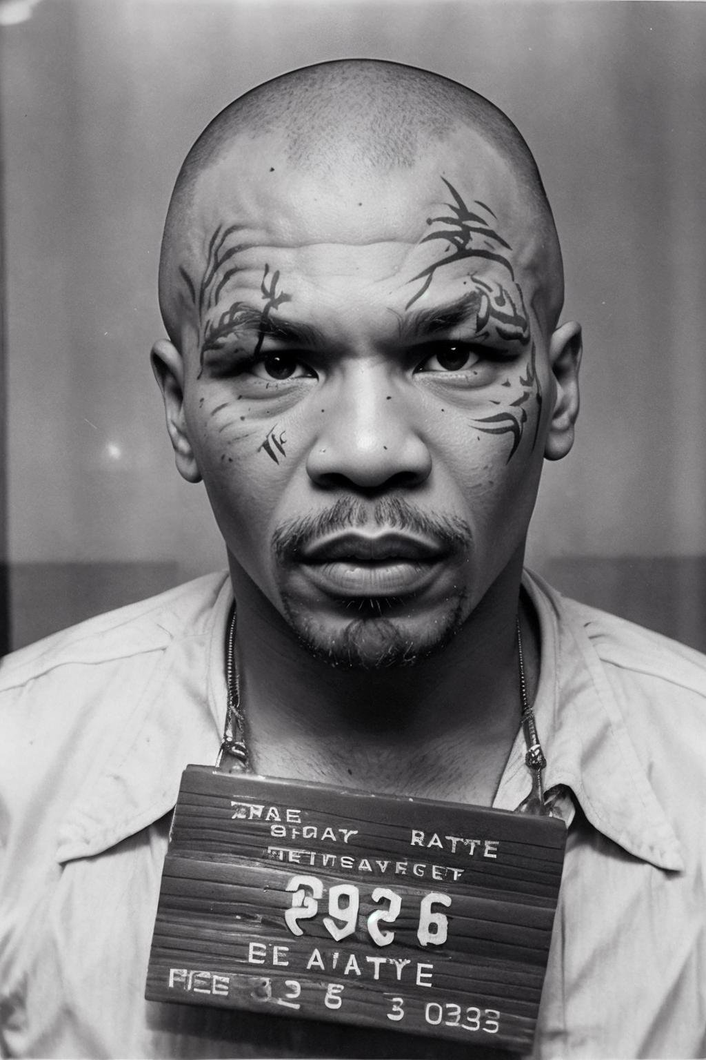 VintageMugshot, mugshot photo of a miketyson<lora:Mugshot:1.0>, bald