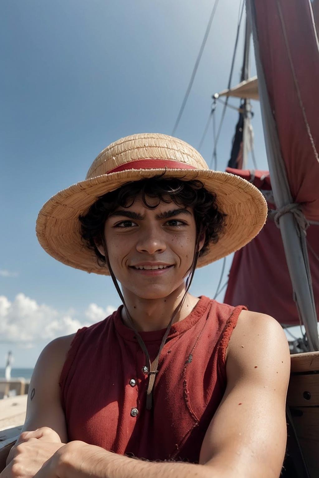 <lora:mdluffy:1.0>MDLuffy, a man wearing ((a straw hat)) and ((a red shirt)), medieval ship, blurry background, realistic, portrait close-up, looking at viewer, smile