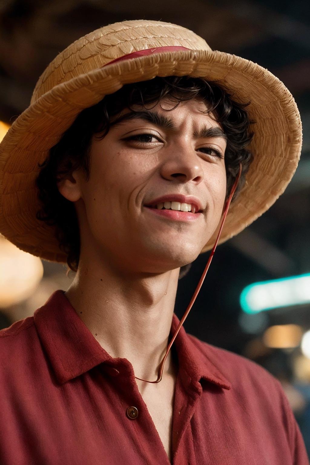 <lora:mdluffy:1.0>MDLuffy, a man wearing ((a straw hat)) and ((a red shirt)), amusement park, blurry background, realistic, portrait close-up, smile, grin, (masterpiece:1.2), cinematic lighting, realism, realistic, RAW photo, 4k, highres, photorealistic, best quality, photo, real, extremely detailed, amazing, fine detail, rich colors, dramatic lighting, unrealengine, trending on artstation, cinestill 800 tungsten, high quality, sharp focus,8k uhd, absurdres