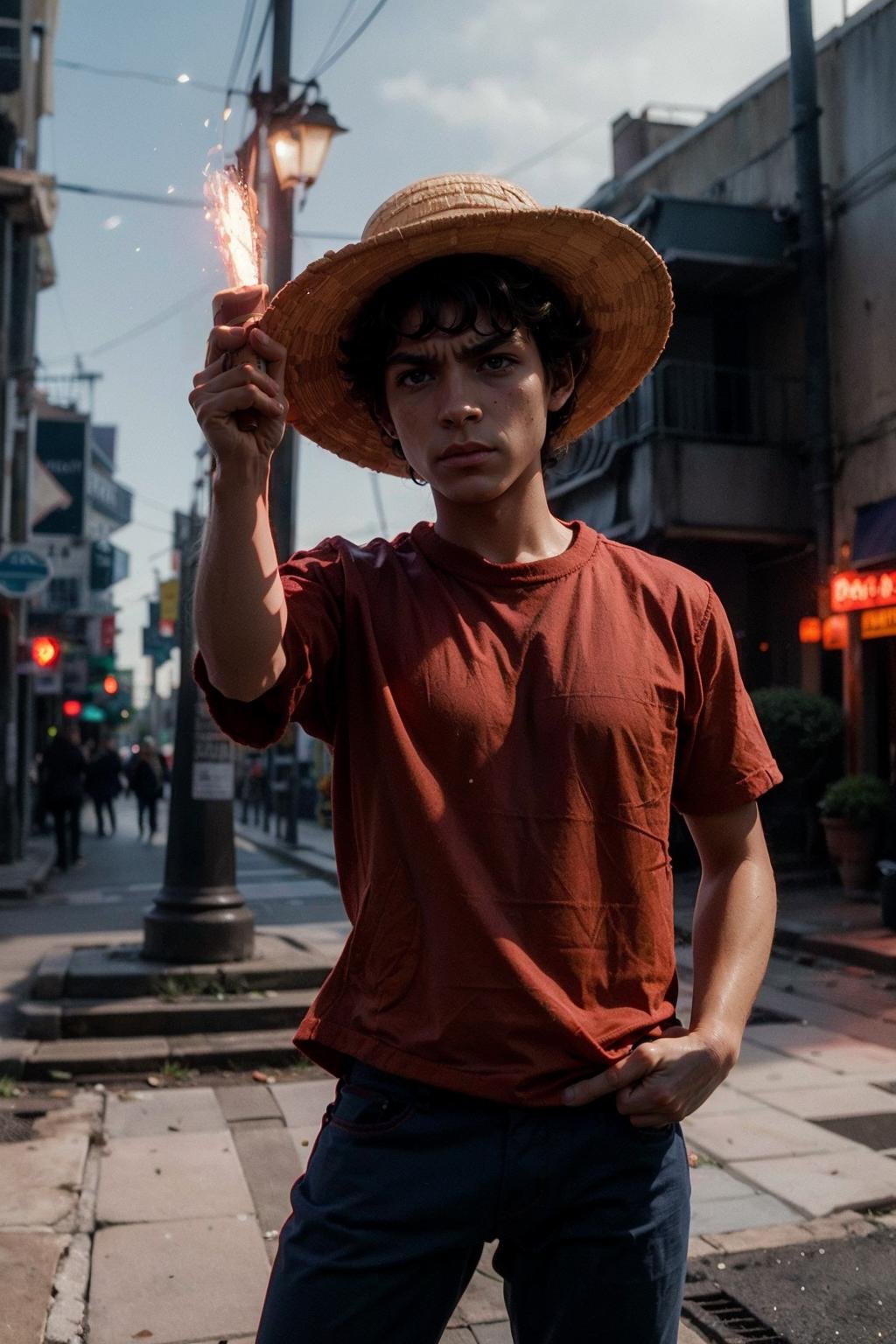 SignalFlare <lora:mdluffy:0.8>MDLuffy, a young man wearing a straw hat and a red shirt and a blue pants, blurry background, night, city lights, bokeh, holding a signalflare in his hand <lora:SignalFlare:1> (masterpiece:1.2), cinematic lighting, realism, realistic, RAW photo, 4k, highres, photorealistic, best quality, photo, real, high quality, sharp focus,8k uhd, absurdres