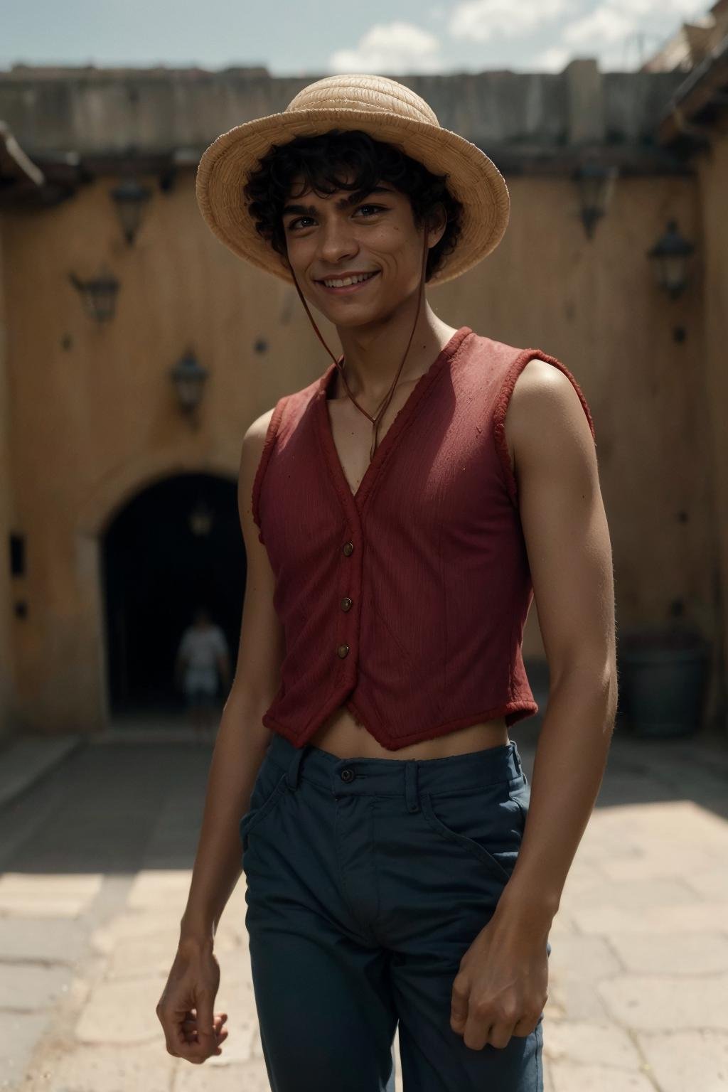 <lora:mdluffy:1.0>, MDLuffy, a young man wearing a straw hat and red shirt and blue pants, (grin, smile:1.3), (masterpiece:1.2), cinematic lighting, realism, realistic, RAW photo, 4k, highres, photorealistic, best quality, photo, real, extremely detailed, amazing, fine detail, rich colors, dramatic lighting, unrealengine, trending on artstation, cinestill 800 tungsten, high quality, sharp focus,8k uhd, absurdres