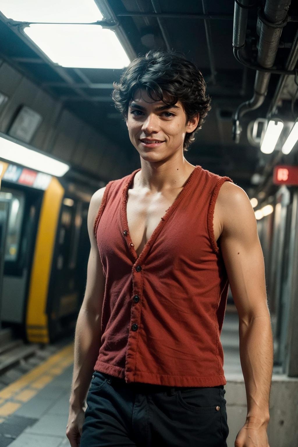 <lora:mdluffy:0.8>MDLuffy, a young man, underground metro, blurry background, realistic, smile, grin, (masterpiece:1.2), cinematic lighting, realism, realistic, RAW photo, 4k, highres, photorealistic, best quality, photo, real, extremely detailed, amazing, fine detail, rich colors, dramatic lighting, unrealengine, trending on artstation, cinestill 800 tungsten, high quality, sharp focus,8k uhd, absurdres