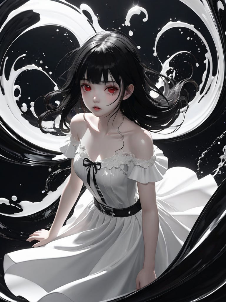 masterpiece,the black water,(black water ring:1.4),a girl surrounded by black water,wallpaper,(highly detailed),street,wall:(1girl),(solo),pale skin,[black eyes|red eyes],(hollow eyes),black hair,long hair,floating hair,bangs,expressionless,(black goo:1.4),(white dress:1.2),(white skirt),white,intricated filigree,(stained clothes:1.2):0.25,(black goo:1.4),(black dripping),(black splashing:0.85),(tentacles:0.85),shiny,[:face focus, upper body, (cowboy shot), lateral view, dutch angle, dynamic:0.25],[white background|black goo],volumetric lighting,(high contrast:0.85),(limited palette:0.65)