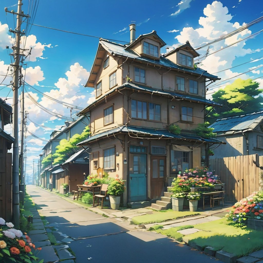 Very cozy little place,surrealism,(Makoto Shinkai anime:0.4),dilapidated old houses on city streets,home wiring,outdoors,sky,clouds,daytime,landscapes,trees,blue sky,buildings,signs,wires,railings,Wide shot,telephone poles,town,wilderness,flowers,a mess of utensils,