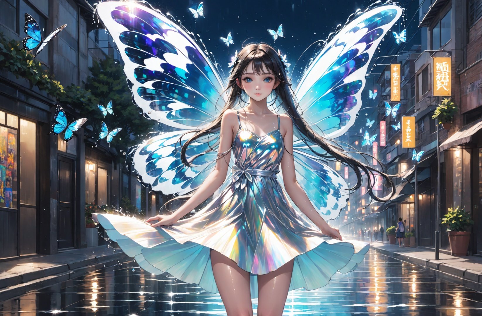 Best quality, absurdity, illustration, 1 girl, young girl with big butterfly wings, big wings, (water: 1.1), solo, long hair, dress, skirt, sleeveless, barefoot, bare shoulders, standing, outdoors, water, (tight dress: 0.5), in the middle of the city street, a girl with big butterfly wings wearing a skirt with water splashing in the air on the edge, (colored butterfly wings: 1.2),(holographic crystal big wings: 1.2), street art breathes the magic wind at night, (holographic light: 1.3), neon science fiction punk city at night, (giant wings: 1.3), water flow and wing semi-fusion, water splashing in the air. Dynamic perspective is splash, mercury (butterfly wings: 1.5),(perfect face: 1.8),