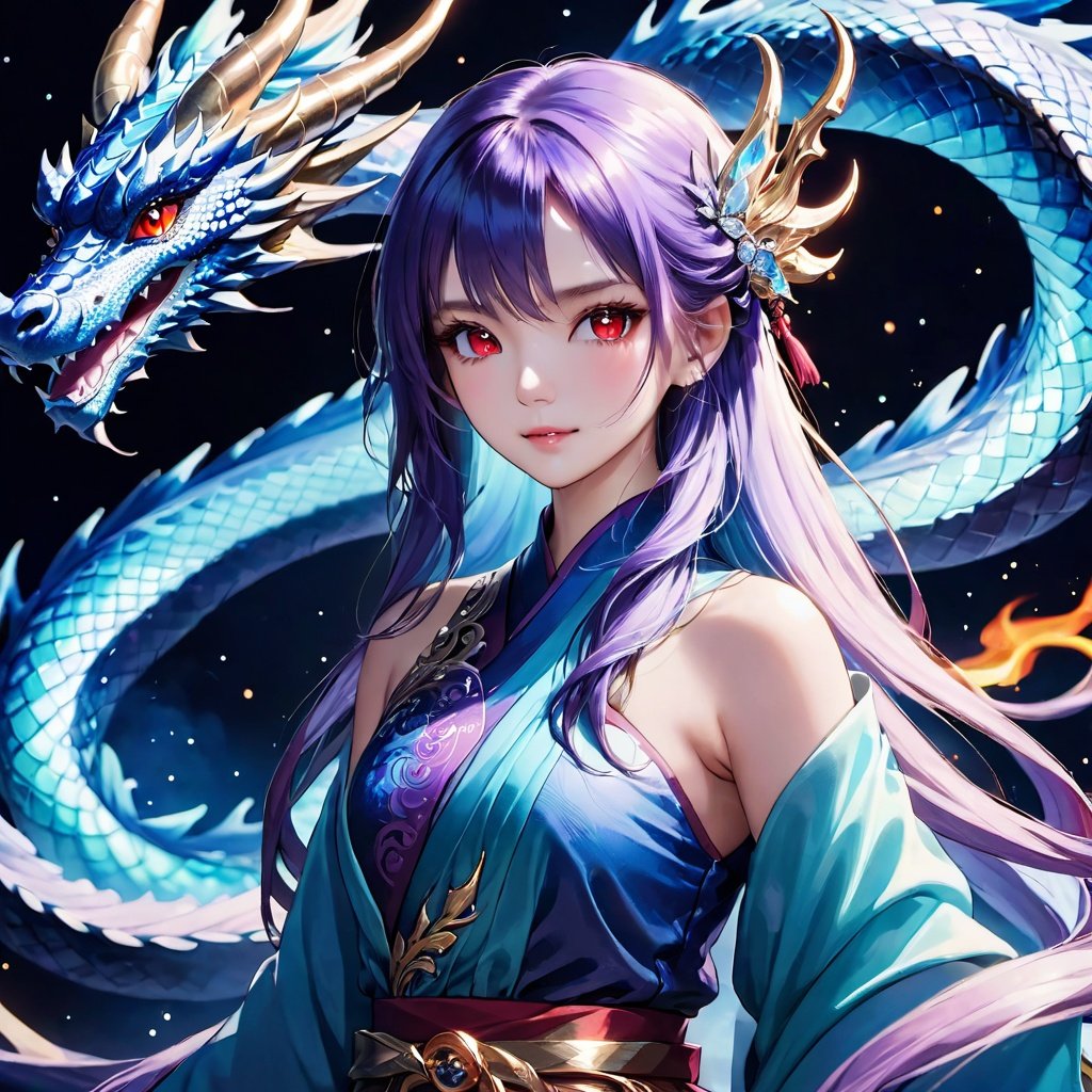 masterpiece, best qualityultra-realistic mix fantasy,(1 giant eastern dragon:1.3) behind an asian woman holding a glowing sword,void energy diamond sword, in the style of dark azure and light azure, mixes realistic and fantastical elements, vibrant manga, uhd image, glassy translucence, vibrant illustrations, ultra realistic, long hair, straight hair, light purple hair,head jewelly, jewelly, shawls,light In eyes, red eyes, portrait, firefly, bokeh, mysterious, fantasy, cloud, abstract, colorful background, night sky, flame, very detailed, high resolution, sharp, sharp image, 4k, 8k, masterpiece, best quality, magic effect, (high contrast:1.4), dream art, diamond, skin detail, face detail, eyes detail, mysterious colorful background, dark blue themes