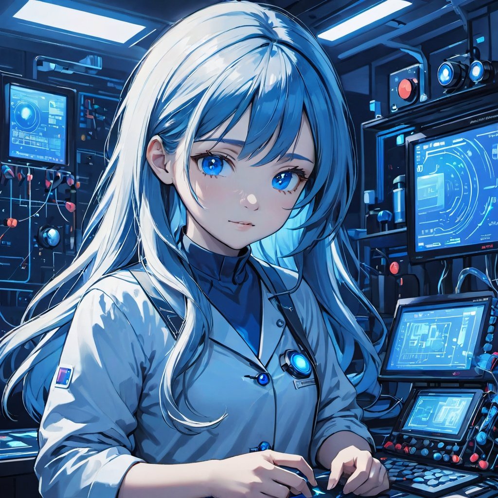 (masterpiece, best quality:1.3), circuit, (blue theme:1.2), 1girl, scientist, long hair, looking at viewer, upper body,