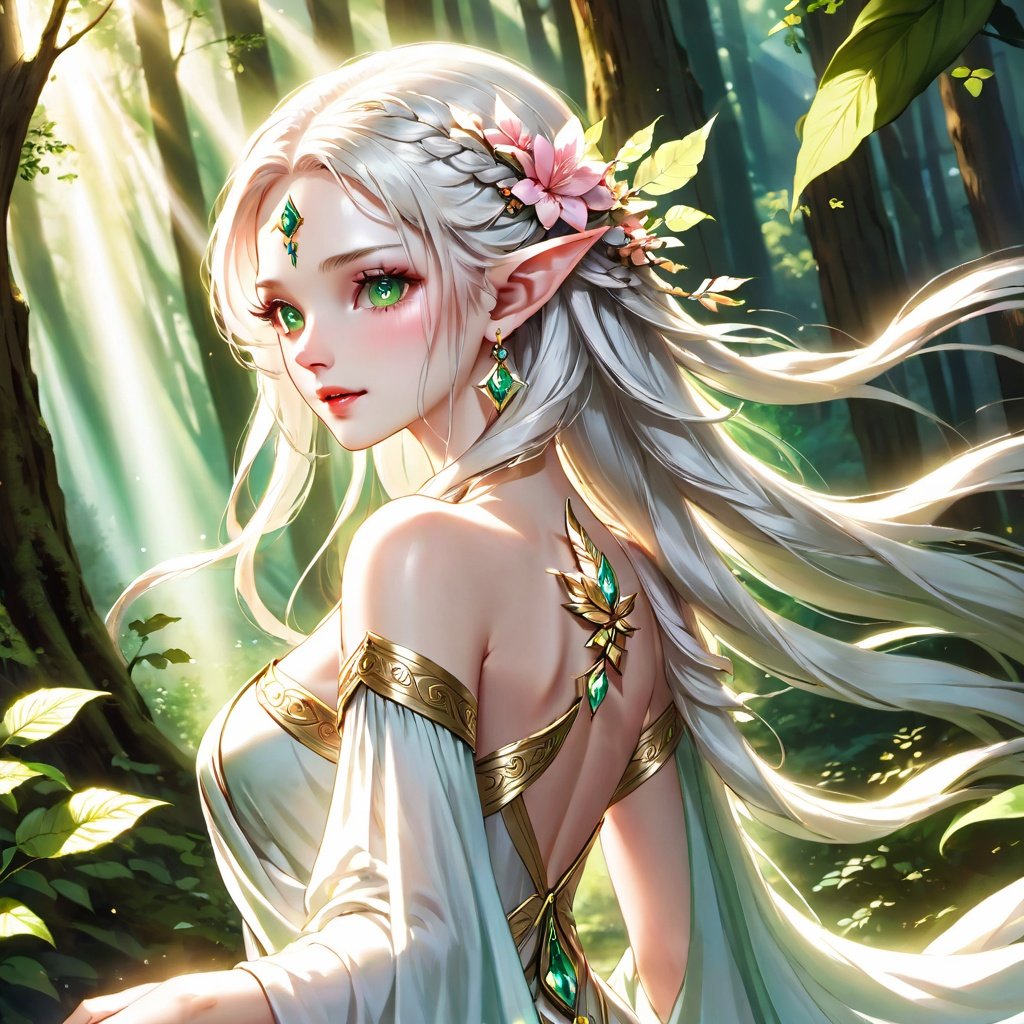 (masterpiece, best quality, high quality, highres, ultra-detailed), realistic,1 sweet girl, the greater lord rukkhadevata, (side braid:1.1), long hair,((white hair)), leaf hair ornament, (pointy ears), elf, green eyes, pale skin, bare shoulders, (medium breasts), (cleavage:1.1), jewelry, white long dress, (detached sleeves:1.1), bracelet, (looking away:1.2), (hair floating:1.3), from side,(in forest:1.3), (pink flowers:1.1), (falling petals:1.1), (lens flare from right:1.2), (god rays from right:1.2),