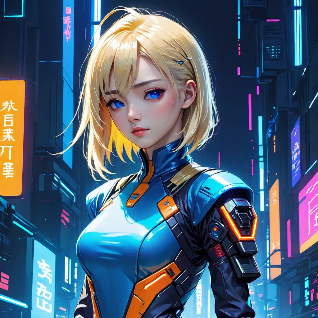 1 girl, Chinese beauty, solo, blue jumpsuit, (colorful costumes: 1.6), blonde, background, neon lights, science fiction, (cyberpunk:1.8),