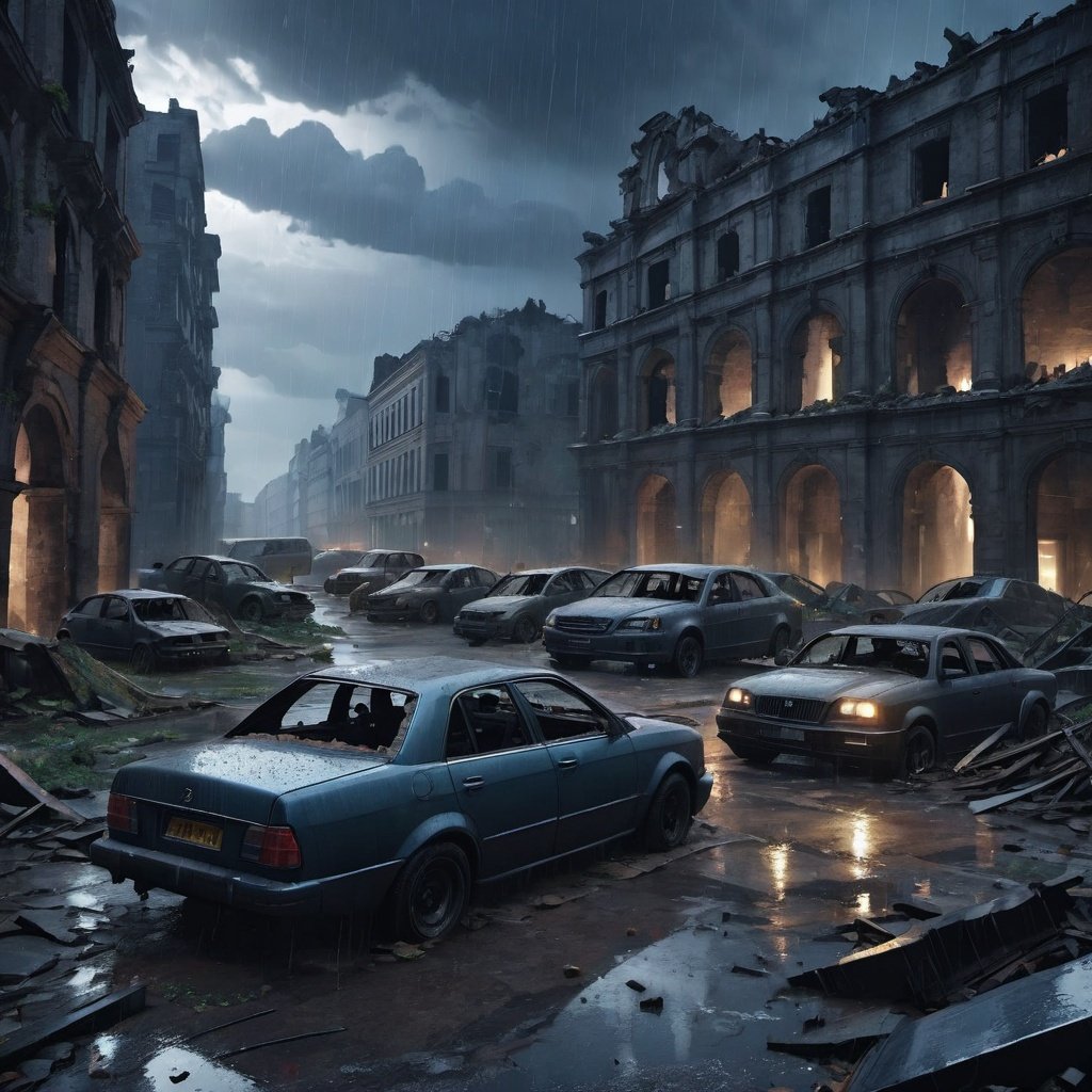 . night, inside of destroyed city view, ruins, dark cloud, a lots of broken cars, no humans, raining day, ((apocalyptic)), (masterpiece:1.3), (best_quality:1.3), (ultra_detailed:1.3), 8k, extremely_clear, realism, (ultrarealistic:1.3),