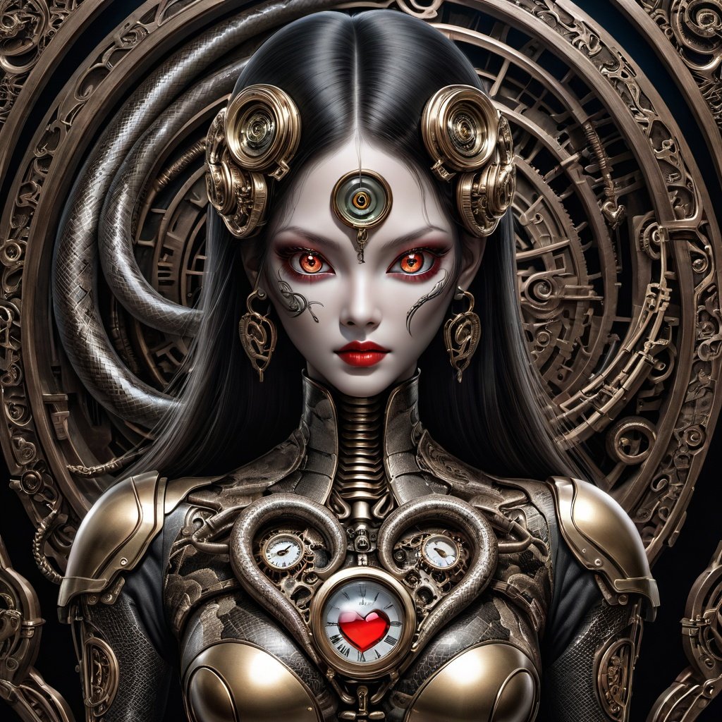 Chinese beauty, snake eye,((masterpiece)), female android with a clockwork heart, exposed heart, (human face), cogs, springs, steampunk, fetish, giger, airbrush, 70s, detailed, intricate, dynamic contrast, HDR , symmetrical