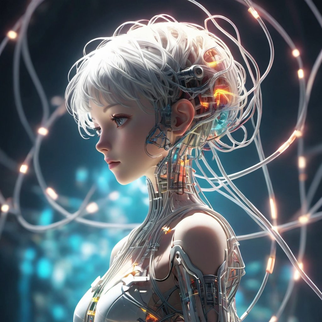 (scandinavian girl:1.2), cute face, long hair, frilly hairstyle,(full),latex dress, torso, body, 8k, ultra-detailed, highres, (best quality, masterpiece:1.2), (deformad neon light:1.3), soft particles of fractal fire,volumetric lighting, focus, colorful, ((extreme details)), glow, impossible figures, paradoxical art,paradox, impossible geometry, hypercube, Beautiful Psychedelic Trippy White Intricate Detailed Elaborate, solo, full body, (machine made joints:1.4), ((machanical limbs)), (explosed muscles), (blood vessels connected to tubes), (a brain in container:1.3),((mechanical vertebra attaching to back)), ((mechanical cervial attaching to neck)), ((sitting)), expressionless, (wires and cables attaching to head and body:1.5), small breasts, short hair, (character focus), science fiction