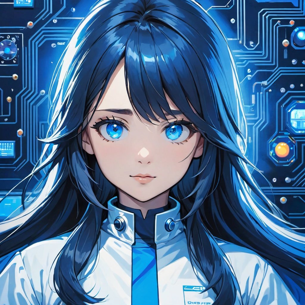 (masterpiece, best quality:1.3), circuit, (blue theme:1.2), 1girl, scientist, long hair, looking at viewer, upper body,