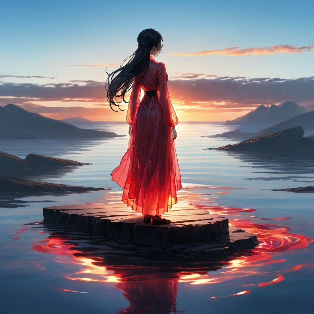 1girl back black hair blue sky day dress facing away fire from behind glowing horizon long dress long hair low ponytail ocean red dress reflection sky solo standing sunset water  