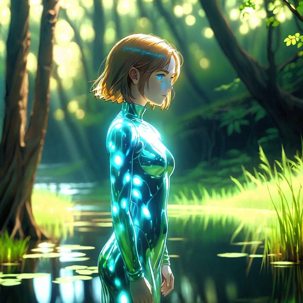 1girl blue eyes blurry blurry background breasts bush dappled sunlight depth of field forest from side glowing glowing eyes grass medium breasts nature outdoors plant pond profile solo standing tree water 