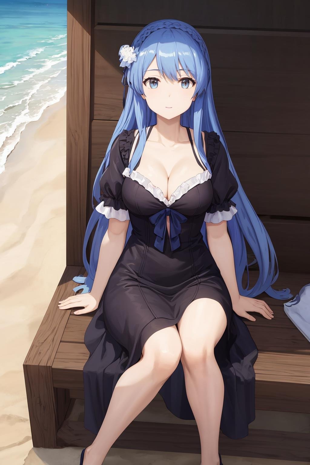 ((masterpiece, high quality, highres,))sitting, beach, juna, black dress, <lora:Juna:0.7>