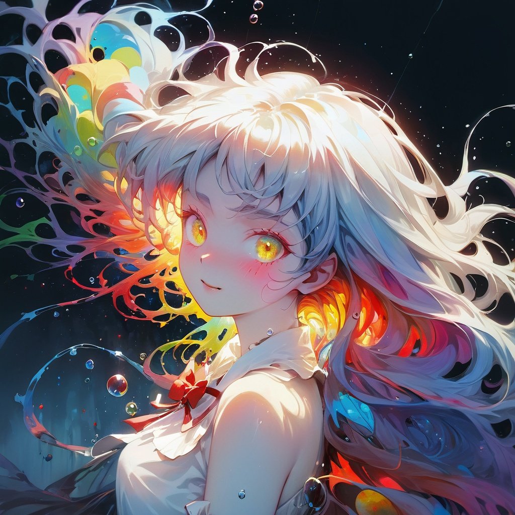 1Girl, laughing, Colorful colors, surrounded by water bubbles, in the style of Kawacy, Masterpiece, Oil painting draw in anime style, head close - up, exaggerated perspective, Tyndall effect, water drops, mother - of - pearl iridescence, Holographic white, chqueen out old grotty, gray face white, air girl, (sexy school uniform), wearing a stylish very sexy school uniform, with a funny expression on her face, Hellwalker, incombing death, black bloody veins growing and intertwining out of the darkness, oozing thick yellow blood, veins growing and pumping blood, (chubby female body:0.8), vascular networks growing, connecting, explanding, beksinski veins, colors (everywhere): 1.3), (rainbow skin:1.1), (Infrared:1.2), ultra detailed, intricate, ((dry brush, ultra sharp)), (surrealism:1.4), (disturbing:1.5), beksinski style painting, satanic symbols, (full torso), full body in frame, centered body, kawaii, realistic, ((intricate details)), (pale gothy evil queen), ibrant, action-packed, detailed character design, reminiscent of fighting video games, black bloody veins growing and intertwining out of the darkness, oozing thick neon rainbow blood, veins growing and pumping blood, vascular networks growing, connecting, explanding, red veins everywhere, zdzislaw beksinski, (vibrant colors: perfect, eyes), dynamic, perfect eyes, ((dark gothic background)), sharp focus