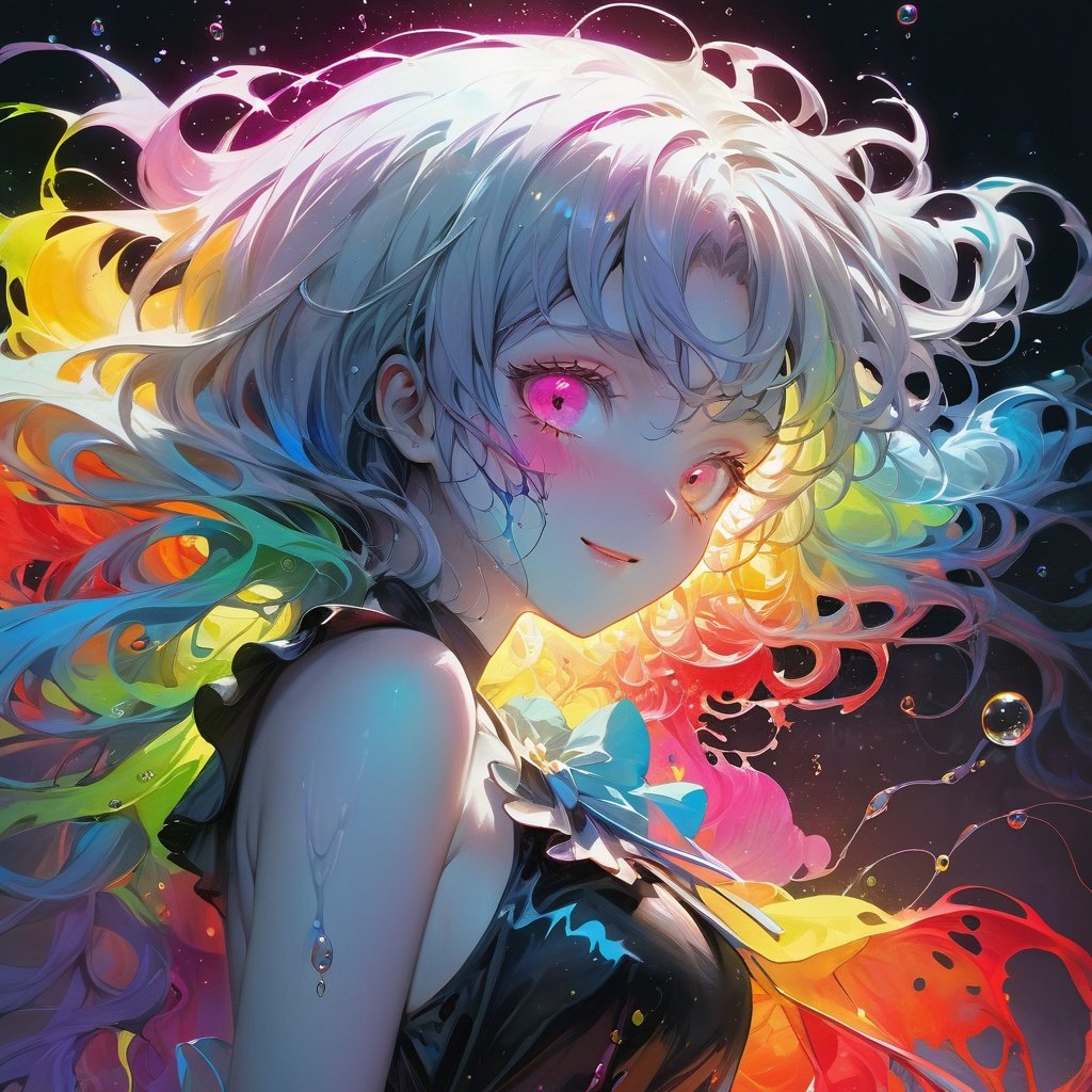 1Girl, laughing, Colorful colors, surrounded by water bubbles, in the style of Kawacy, Masterpiece, Oil painting draw in anime style, head close - up, exaggerated perspective, Tyndall effect, water drops, mother - of - pearl iridescence, Holographic white, chqueen out old grotty, gray face white, air girl, (sexy school uniform), wearing a stylish very sexy school uniform, with a funny expression on her face, Hellwalker, incombing death, black bloody veins growing and intertwining out of the darkness, oozing thick yellow blood, veins growing and pumping blood, (chubby female body:0.8), vascular networks growing, connecting, explanding, beksinski veins, colors (everywhere): 1.3), (rainbow skin:1.1), (Infrared:1.2), ultra detailed, intricate, ((dry brush, ultra sharp)), (surrealism:1.4), (disturbing:1.5), beksinski style painting, satanic symbols, (full torso), full body in frame, centered body, kawaii, realistic, ((intricate details)), (pale gothy evil queen), ibrant, action-packed, detailed character design, reminiscent of fighting video games, black bloody veins growing and intertwining out of the darkness, oozing thick neon rainbow blood, veins growing and pumping blood, vascular networks growing, connecting, explanding, red veins everywhere, zdzislaw beksinski, (vibrant colors: perfect, eyes), dynamic, perfect eyes, ((dark gothic background)), sharp focus