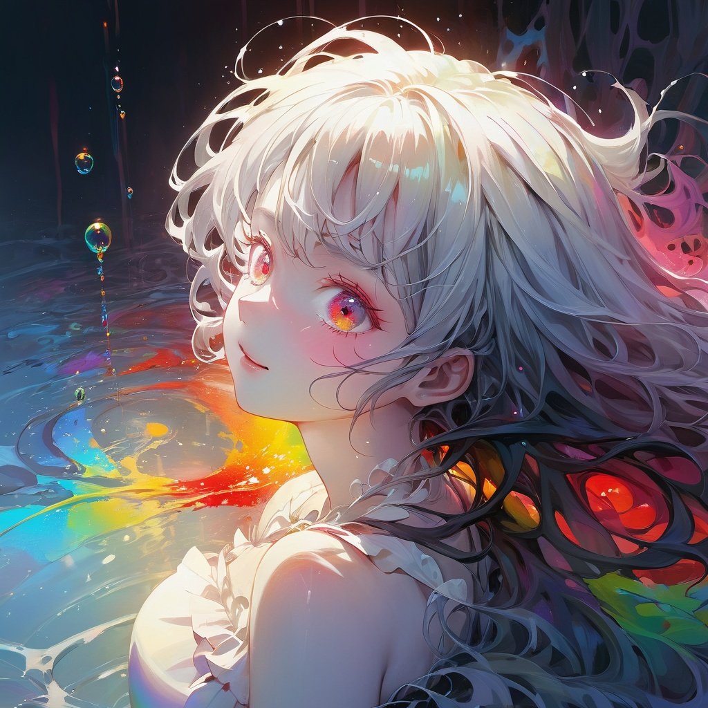 1Girl, laughing, Colorful colors, surrounded by water bubbles, in the style of Kawacy, Masterpiece, Oil painting draw in anime style, head close - up, exaggerated perspective, Tyndall effect, water drops, mother - of - pearl iridescence, Holographic white, chqueen out old grotty, gray face white, air girl, (sexy school uniform), wearing a stylish very sexy school uniform, with a funny expression on her face, Hellwalker, incombing death, black bloody veins growing and intertwining out of the darkness, oozing thick yellow blood, veins growing and pumping blood, (chubby female body:0.8), vascular networks growing, connecting, explanding, beksinski veins, colors (everywhere): 1.3), (rainbow skin:1.1), (Infrared:1.2), ultra detailed, intricate, ((dry brush, ultra sharp)), (surrealism:1.4), (disturbing:1.5), beksinski style painting, satanic symbols, (full torso), full body in frame, centered body, kawaii, realistic, ((intricate details)), (pale gothy evil queen), ibrant, action-packed, detailed character design, reminiscent of fighting video games, black bloody veins growing and intertwining out of the darkness, oozing thick neon rainbow blood, veins growing and pumping blood, vascular networks growing, connecting, explanding, red veins everywhere, zdzislaw beksinski, (vibrant colors: perfect, eyes), dynamic, perfect eyes, ((dark gothic background)), sharp focus