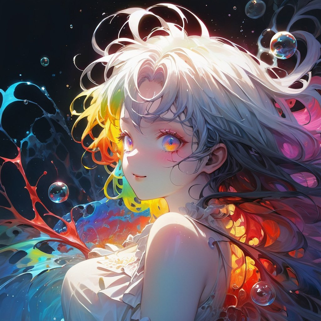 1Girl, laughing, Colorful colors, surrounded by water bubbles, in the style of Kawacy, Masterpiece, Oil painting draw in anime style, head close - up, exaggerated perspective, Tyndall effect, water drops, mother - of - pearl iridescence, Holographic white, chqueen out old grotty, gray face white, air girl, (sexy school uniform), wearing a stylish very sexy school uniform, with a funny expression on her face, Hellwalker, incombing death, black bloody veins growing and intertwining out of the darkness, oozing thick yellow blood, veins growing and pumping blood, (chubby female body:0.8), vascular networks growing, connecting, explanding, beksinski veins, colors (everywhere): 1.3), (rainbow skin:1.1), (Infrared:1.2), ultra detailed, intricate, ((dry brush, ultra sharp)), (surrealism:1.4), (disturbing:1.5), beksinski style painting, satanic symbols, (full torso), full body in frame, centered body, kawaii, realistic, ((intricate details)), (pale gothy evil queen), ibrant, action-packed, detailed character design, reminiscent of fighting video games, black bloody veins growing and intertwining out of the darkness, oozing thick neon rainbow blood, veins growing and pumping blood, vascular networks growing, connecting, explanding, red veins everywhere, zdzislaw beksinski, (vibrant colors: perfect, eyes), dynamic, perfect eyes, ((dark gothic background)), sharp focus