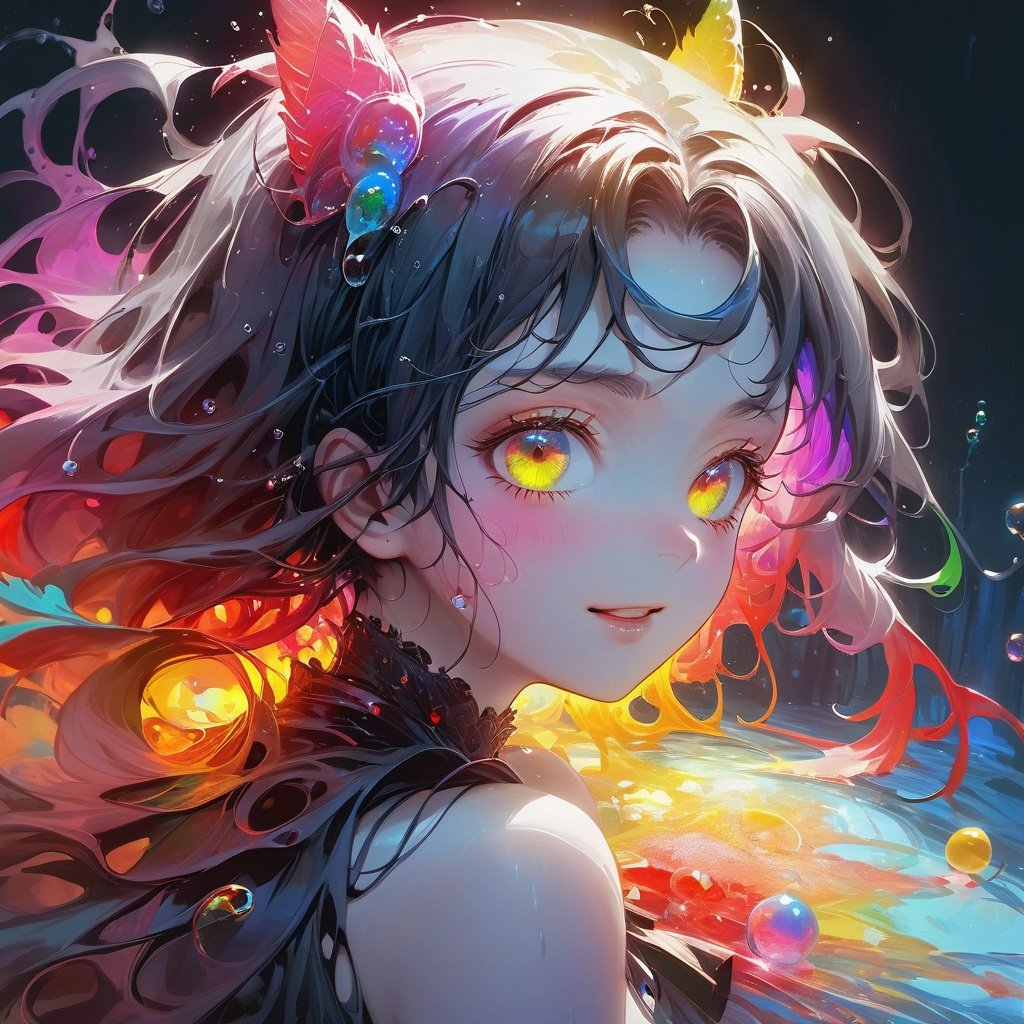 1Girl, laughing, Colorful colors, surrounded by water bubbles, in the style of Kawacy, Masterpiece, Oil painting draw in anime style, head close - up, exaggerated perspective, Tyndall effect, water drops, mother - of - pearl iridescence, Holographic white, chqueen out old grotty, gray face white, air girl, (sexy school uniform), wearing a stylish very sexy school uniform, with a funny expression on her face, Hellwalker, incombing death, black bloody veins growing and intertwining out of the darkness, oozing thick yellow blood, veins growing and pumping blood, (chubby female body:0.8), vascular networks growing, connecting, explanding, beksinski veins, colors (everywhere): 1.3), (rainbow skin:1.1), (Infrared:1.2), ultra detailed, intricate, ((dry brush, ultra sharp)), (surrealism:1.4), (disturbing:1.5), beksinski style painting, satanic symbols, (full torso), full body in frame, centered body, kawaii, realistic, ((intricate details)), (pale gothy evil queen), ibrant, action-packed, detailed character design, reminiscent of fighting video games, black bloody veins growing and intertwining out of the darkness, oozing thick neon rainbow blood, veins growing and pumping blood, vascular networks growing, connecting, explanding, red veins everywhere, zdzislaw beksinski, (vibrant colors: perfect, eyes), dynamic, perfect eyes, ((dark gothic background)), sharp focus