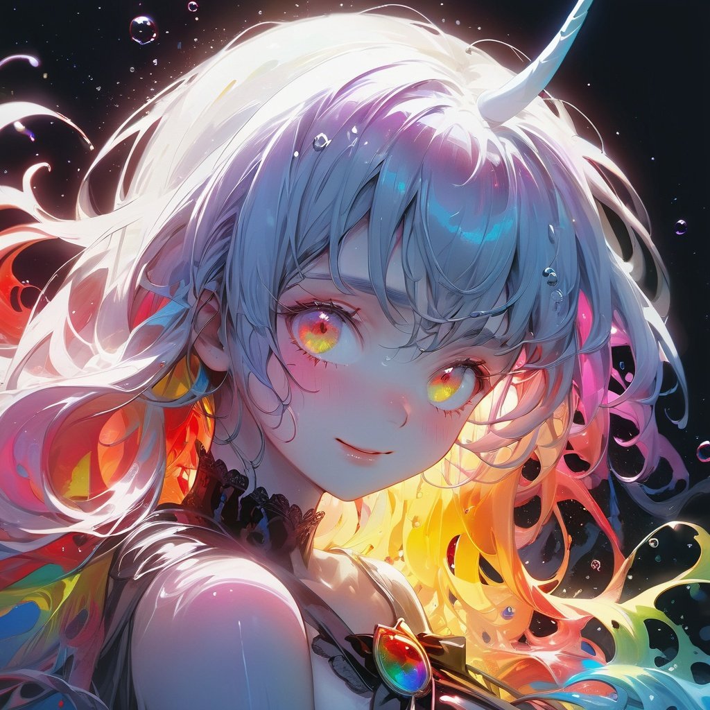 1Girl, laughing, Colorful colors, surrounded by water bubbles, in the style of Kawacy, Masterpiece, Oil painting draw in anime style, head close - up, exaggerated perspective, Tyndall effect, water drops, mother - of - pearl iridescence, Holographic white, chqueen out old grotty, gray face white, air girl, (sexy school uniform), wearing a stylish very sexy school uniform, with a funny expression on her face, Hellwalker, incombing death, black bloody veins growing and intertwining out of the darkness, oozing thick yellow blood, veins growing and pumping blood, (chubby female body:0.8), vascular networks growing, connecting, explanding, beksinski veins, colors (everywhere): 1.3), (rainbow skin:1.1), (Infrared:1.2), ultra detailed, intricate, ((dry brush, ultra sharp)), (surrealism:1.4), (disturbing:1.5), beksinski style painting, satanic symbols, (full torso), full body in frame, centered body, kawaii, realistic, ((intricate details)), (pale gothy evil queen), ibrant, action-packed, detailed character design, reminiscent of fighting video games, black bloody veins growing and intertwining out of the darkness, oozing thick neon rainbow blood, veins growing and pumping blood, vascular networks growing, connecting, explanding, red veins everywhere, zdzislaw beksinski, (vibrant colors: perfect, eyes), dynamic, perfect eyes, ((dark gothic background)), sharp focus