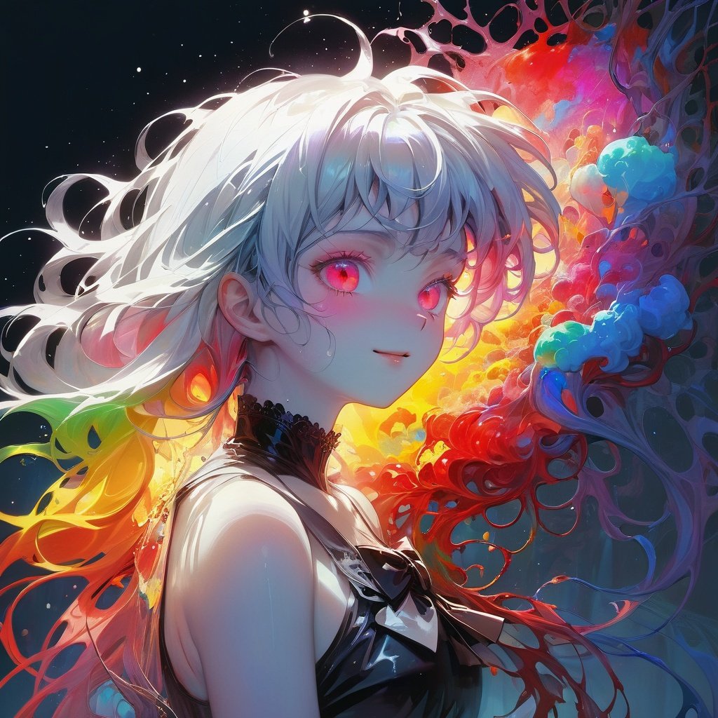 1Girl, laughing, Colorful colors, surrounded by water bubbles, in the style of Kawacy, Masterpiece, Oil painting draw in anime style, head close - up, exaggerated perspective, Tyndall effect, water drops, mother - of - pearl iridescence, Holographic white, chqueen out old grotty, gray face white, air girl, (sexy school uniform), wearing a stylish very sexy school uniform, with a funny expression on her face, Hellwalker, incombing death, black bloody veins growing and intertwining out of the darkness, oozing thick yellow blood, veins growing and pumping blood, (chubby female body:0.8), vascular networks growing, connecting, explanding, beksinski veins, colors (everywhere): 1.3), (rainbow skin:1.1), (Infrared:1.2), ultra detailed, intricate, ((dry brush, ultra sharp)), (surrealism:1.4), (disturbing:1.5), beksinski style painting, satanic symbols, (full torso), full body in frame, centered body, kawaii, realistic, ((intricate details)), (pale gothy evil queen), ibrant, action-packed, detailed character design, reminiscent of fighting video games, black bloody veins growing and intertwining out of the darkness, oozing thick neon rainbow blood, veins growing and pumping blood, vascular networks growing, connecting, explanding, red veins everywhere, zdzislaw beksinski, (vibrant colors: perfect, eyes), dynamic, perfect eyes, ((dark gothic background)), sharp focus