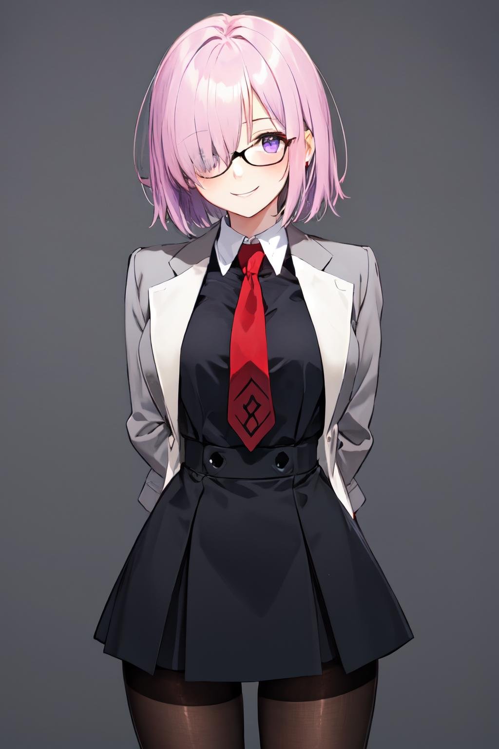 mash kyrielight,purple hair, purple eyes, cowboy shot, solo, 1girl, smile, looking at viewer, arms behind back, hair over one eye, glasses, grey jacket, black dress, red necktie, pantyhose<lora:mash_kyrielight:1>