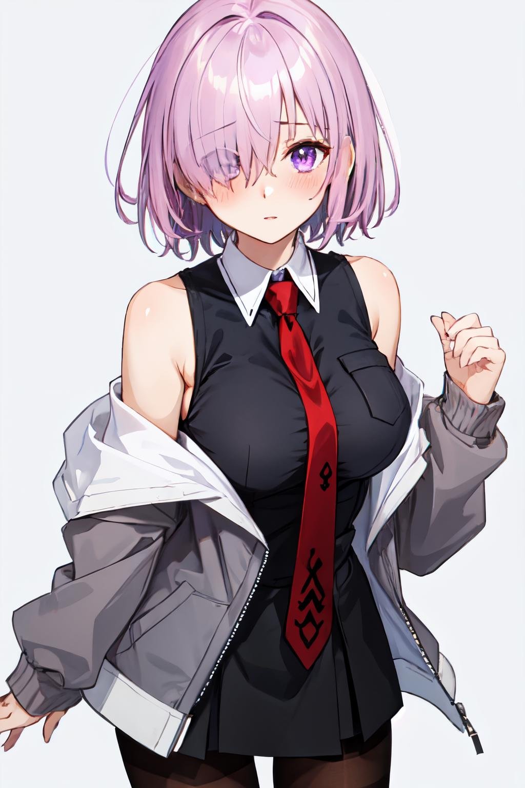 mash kyrielight, hair over one eye, large breasts, blush, black pantyhose, sleeveless, grey jacket, pantyhose, purple eyes, red necktie, solo, looking at viewer, off shoulder, bare shoulders, necktie, long sleeves, pocket, 1girl, short hair, , white background, light purple hair, jacket, simple background <lora:mash_kyrielight:1>