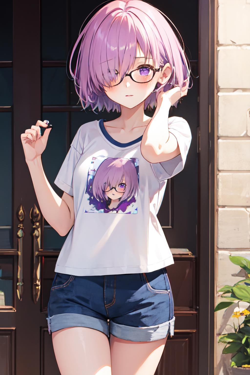 mash kyrielight,hair over one eye,  blush,  purple eyes, solo, 1girl, short hair, glasses, light purple hair, t-shirt, shorts <lora:mash_kyrielight:1>