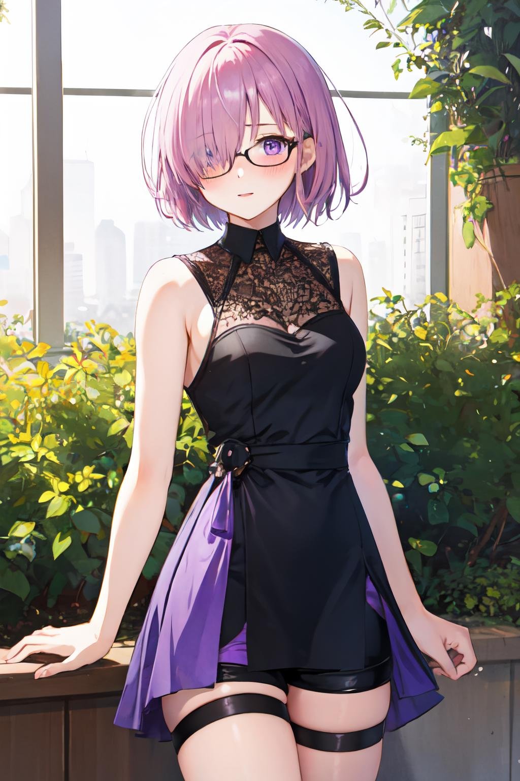 mash kyrielight,hair over one eye,  blush,  purple eyes, solo, 1girl, short hair, glasses, light purple hair, wrap dress, shorts <lora:mash_kyrielight:1>