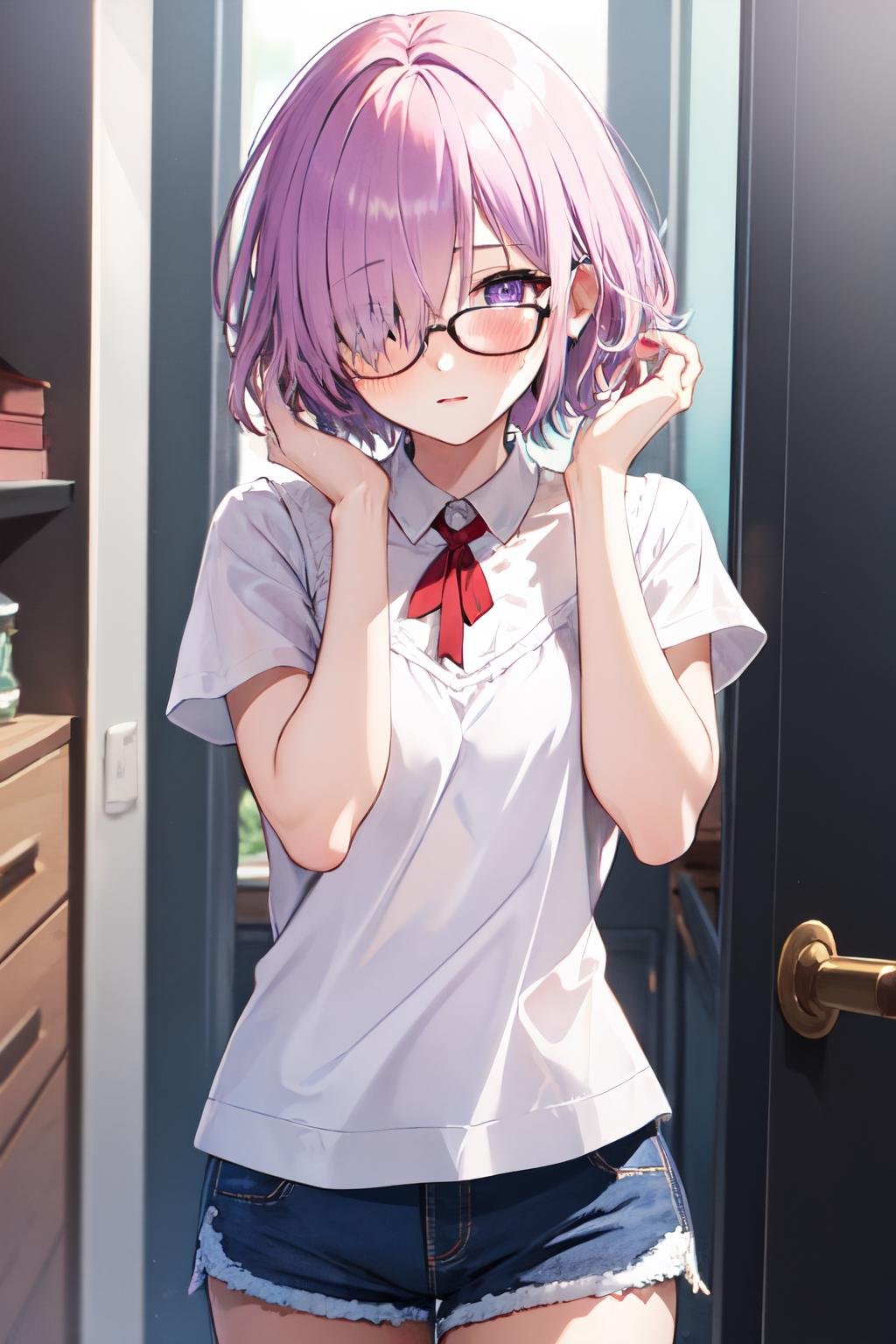 mash kyrielight,hair over one eye,  blush,  purple eyes, solo, 1girl, short hair, glasses, light purple hair, ruffled top, shorts <lora:mash_kyrielight:1>