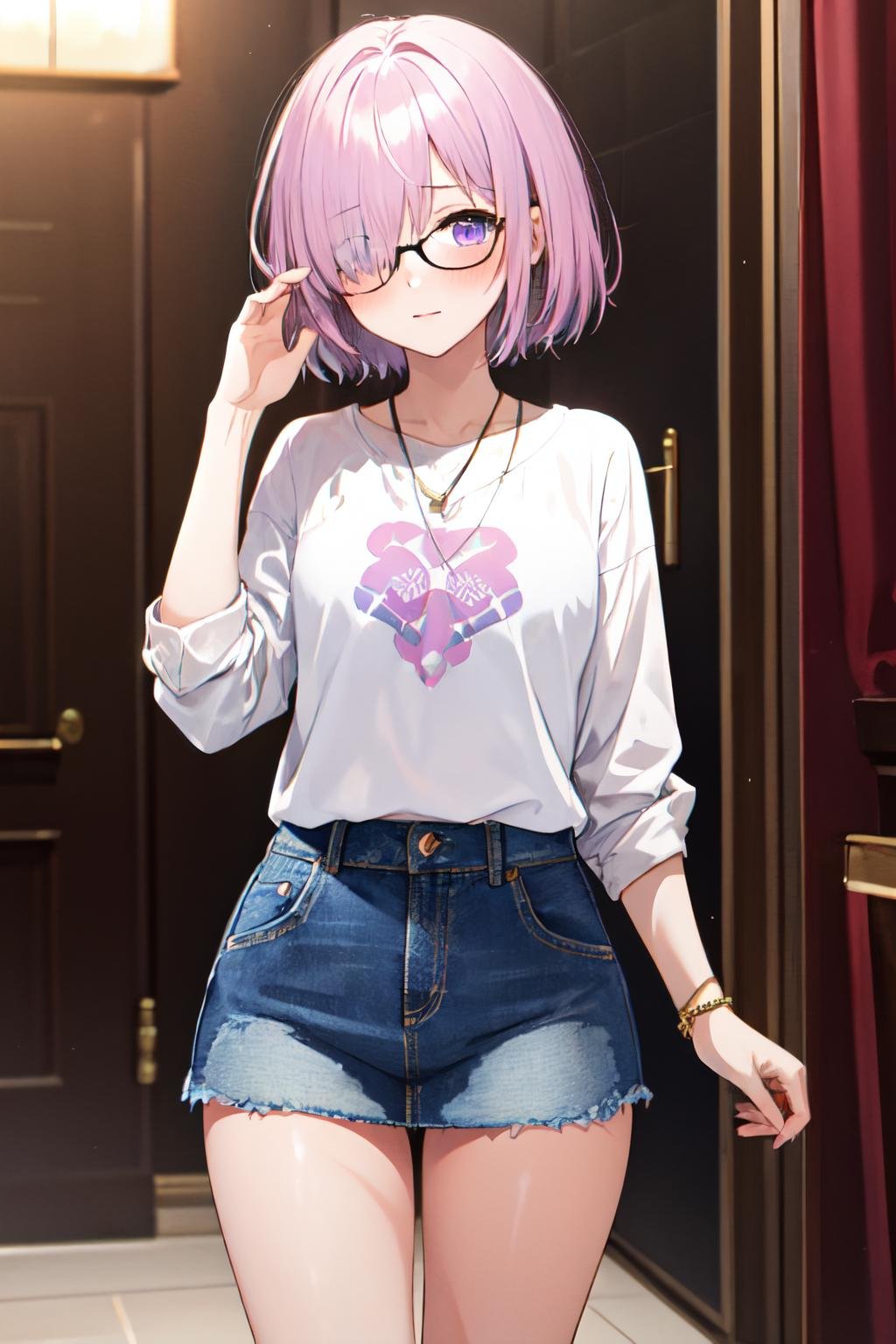 mash kyrielight,hair over one eye,  blush,  purple eyes, solo, 1girl, short hair, glasses, light purple hair, mini skirt, jeans <lora:mash_kyrielight:1>