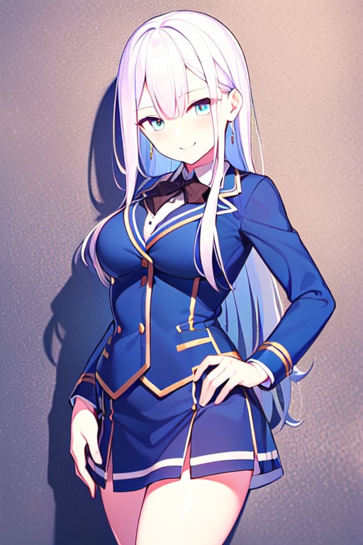 Riselia,high_resolution,school uniform,blue jacket,black tie,looking at viewer,blue eyes,woman,white hair,long hair,black shoes,standing,cowboy_shot,smile,