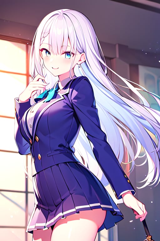 Riselia,high_resolution,school uniform,blue jacket,black tie,looking at viewer,blue eyes,woman,white hair,long hair,black shoes,standing,cowboy_shot,smile,